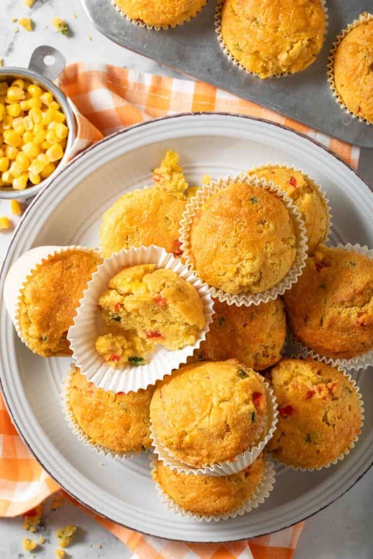 Jalapeno Cheddar Cornbread Muffins Jalapeno Cheddar Cornbread Muffins on a white plate.
