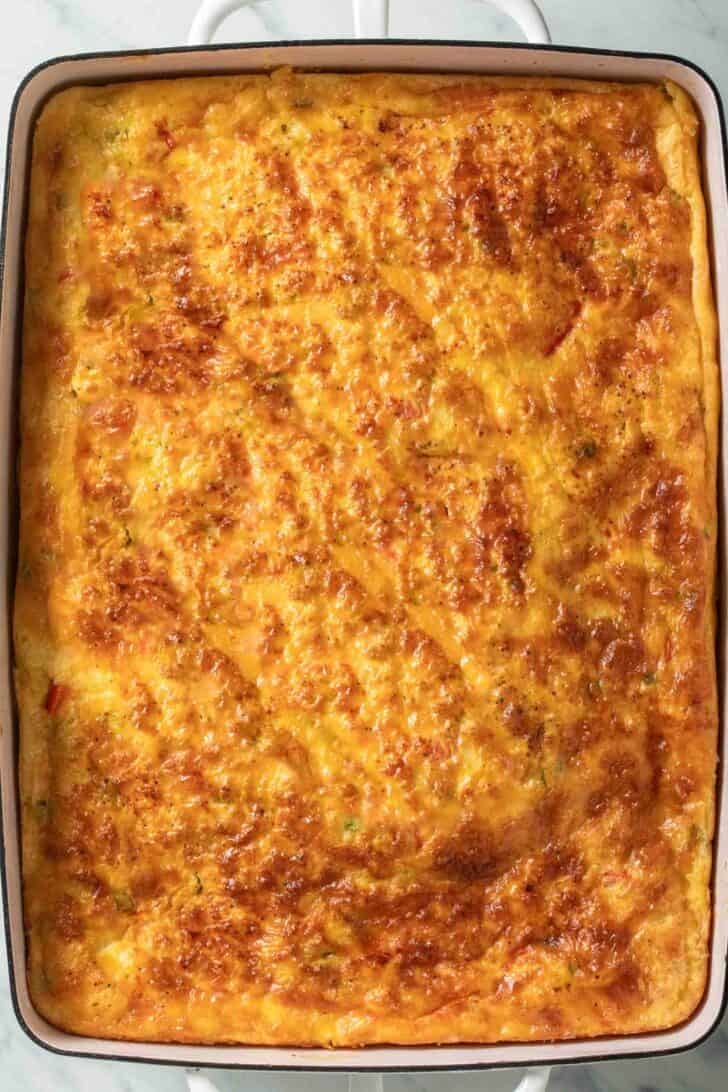 Baked Cottage Cheese Eggs Baked Cottage Cheese Eggs in a white baking pan.