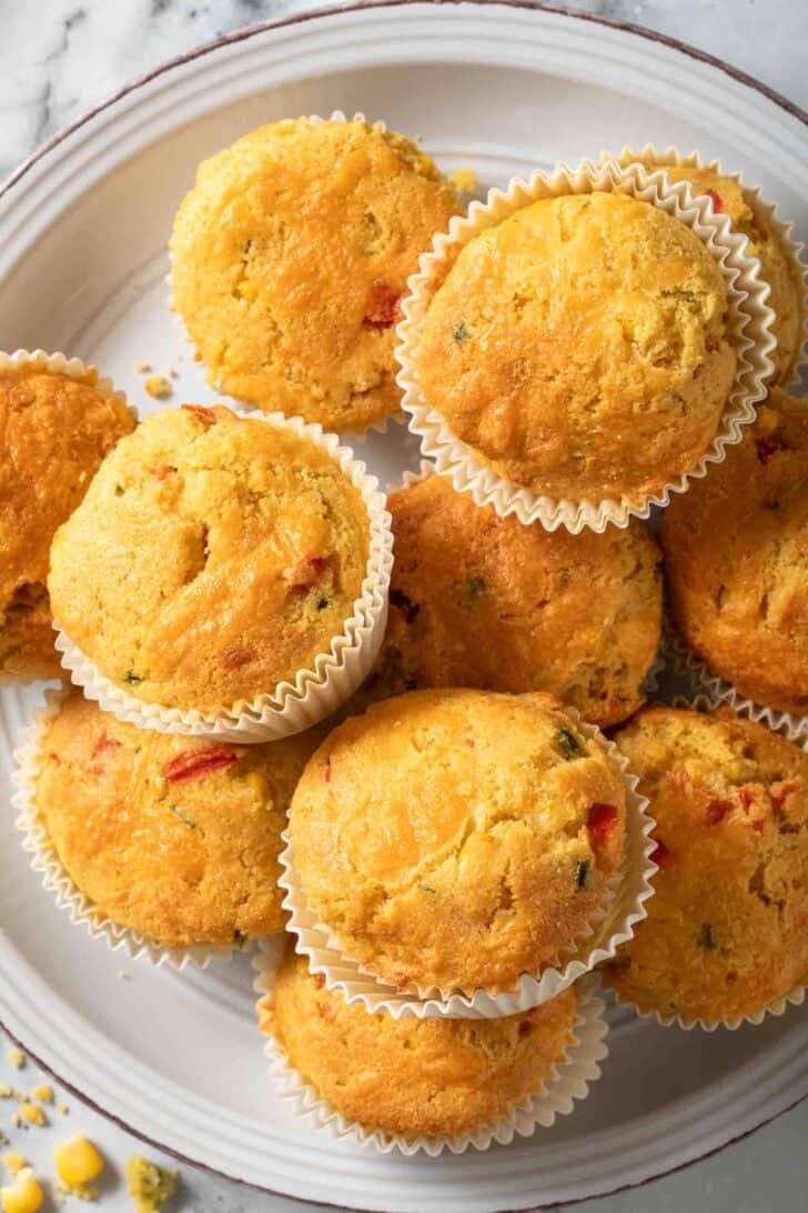 Jalapeno Cornbread Muffins Jalapeno Cornbread Muffins on a white plate.