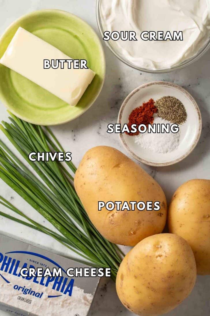 Make Ahead Mashed Potatoes Recipe Make Ahead Mashed Potatoes ingredients, sour cream, cream cheese and Yukon gold potatoes.