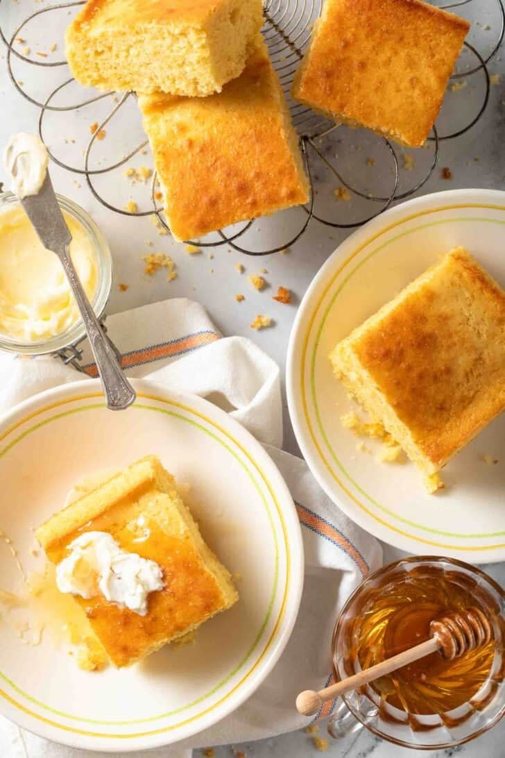 Sweet Cornbread Sweet Cornbread on a wire cooling rack.