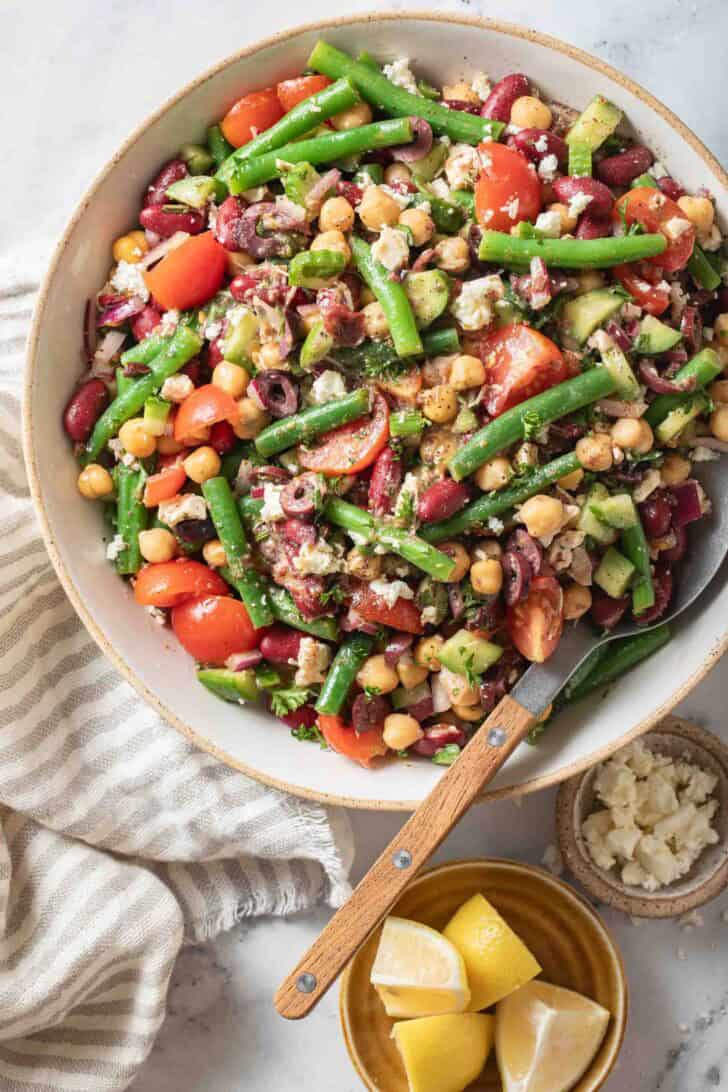 3 Bean Salad 3 Bean Salad in a serving bowl with a spoon.