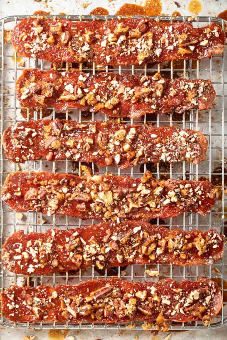 Candied Bacon Candied Bacon on a wire cooling rack.