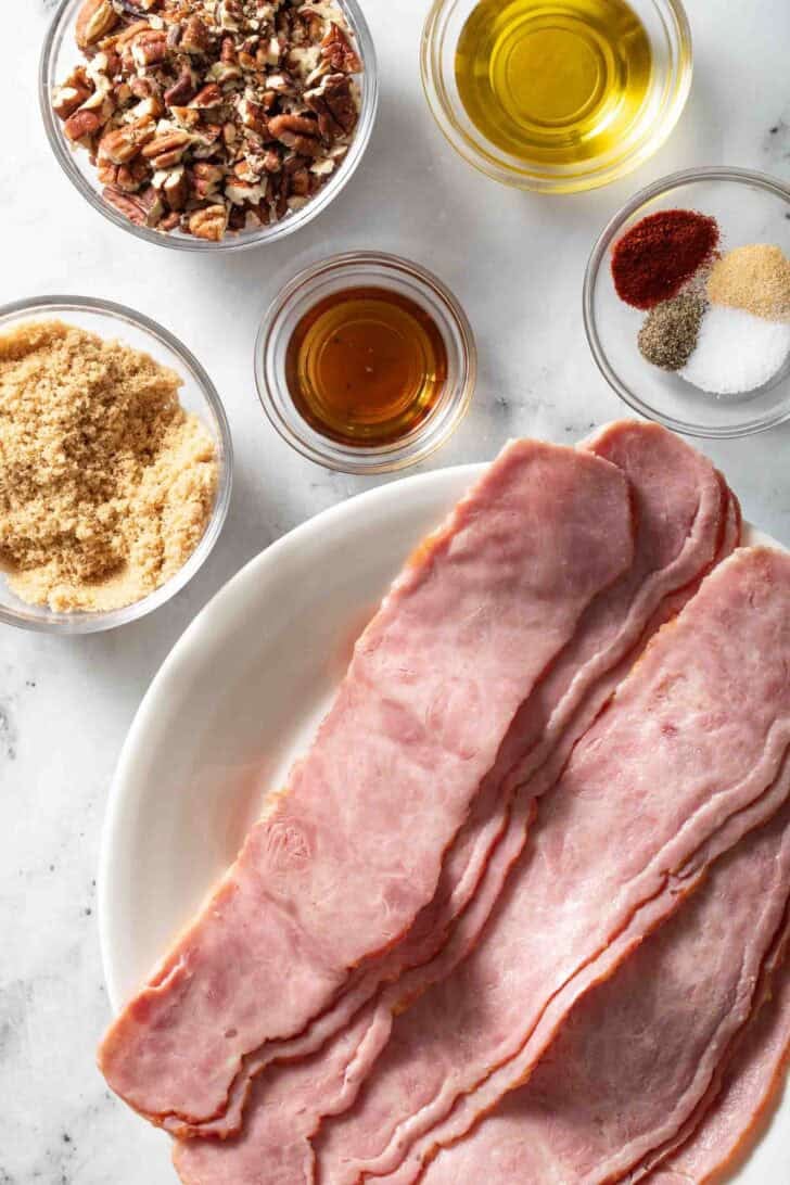 Candied Bacon Recipe Candied Bacon Ingredients in bowls for a candied bacon recipe.