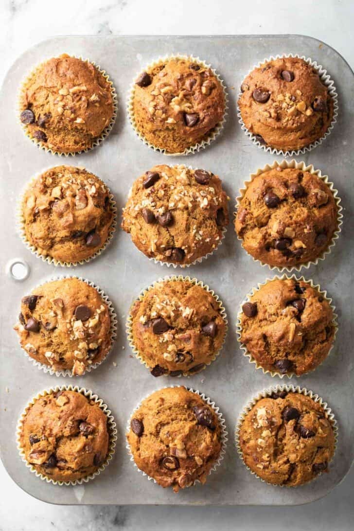 Pumpkin Chocolate Chip Muffins Baked Chocolate Chip Pumpkin Muffins in a muffin tin.