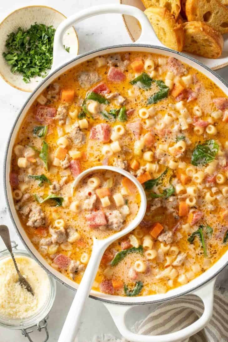 Sausage Ditalini Soup Sausage Ditalini Soup in a white pot.