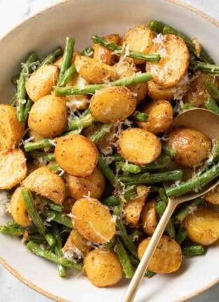 Green Beans and Potatoes on a baking sheet.