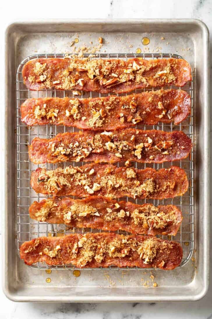 How to Make Candied Bacon Candied Bacon on a wire cooling rack for a candied bacon recipe.