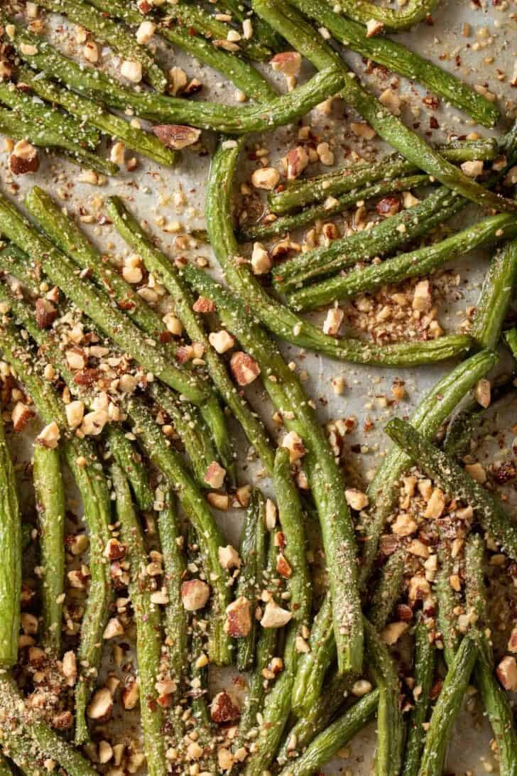 Roasted Green Beans Recipe Roasted Green Beans on a baking sheet.