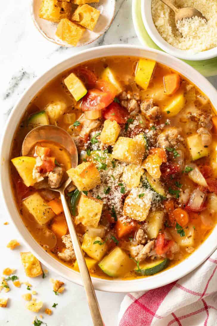 Vegetable Sausage Soup Vegetable Sausage Soup in a white bowl.