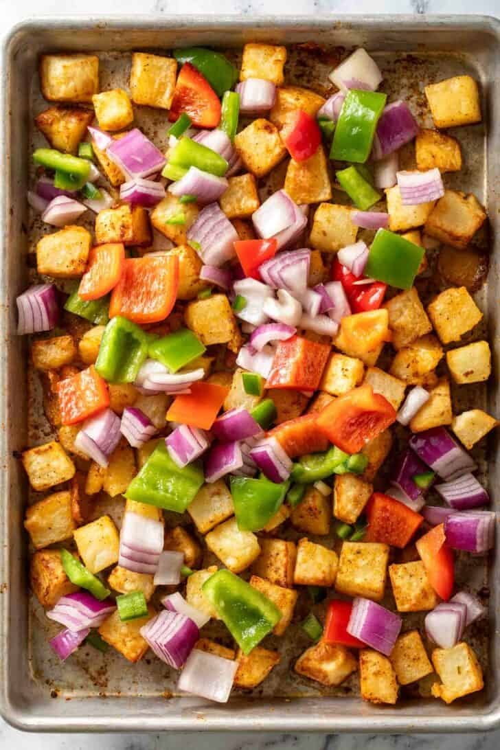 How to Make Mexican Potatoes Mexican Roasted Potatoes on a baking sheet.