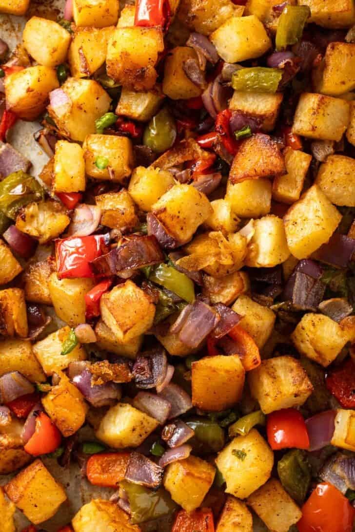 Mexican Breakfast Potatoes Mexican Breakfast Potatoes on a baking sheet.