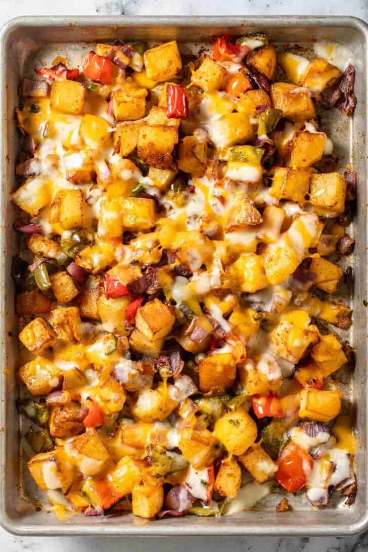 Mexican Potatoes Recipe Mexican Roasted Potatoes on a baking sheet.