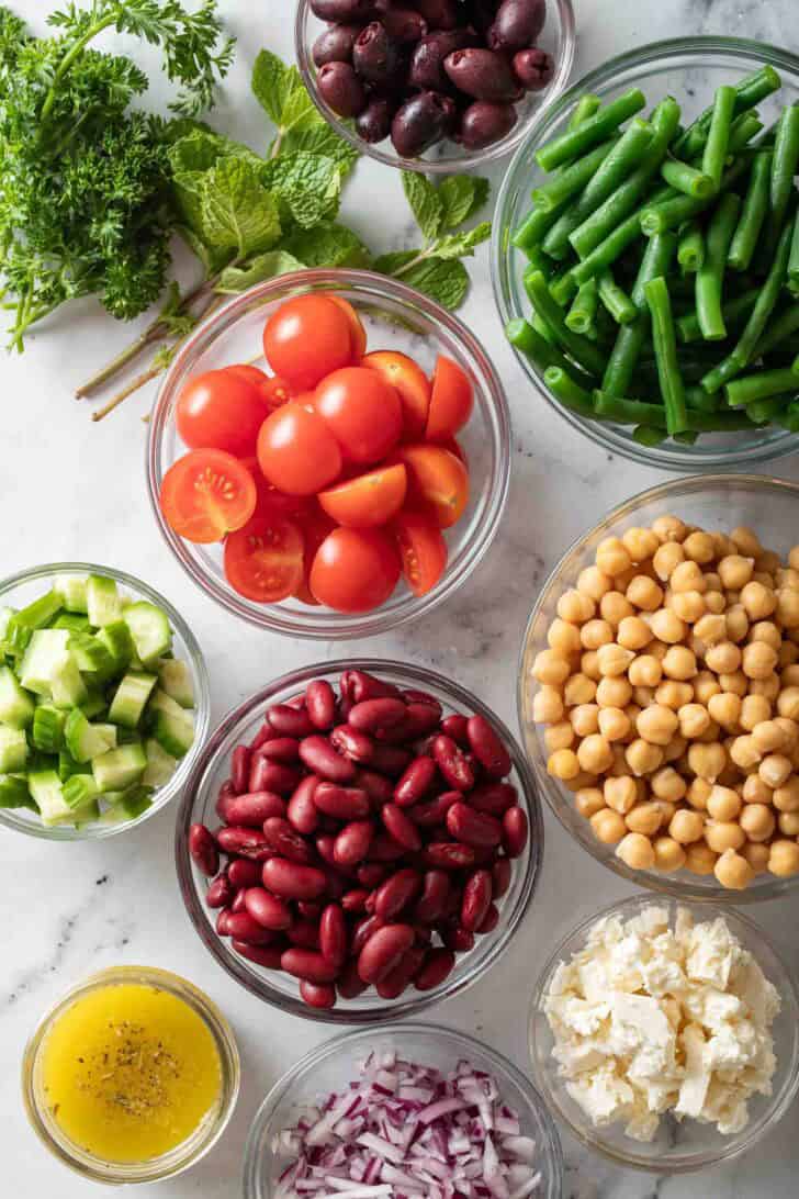 Three Bean Salad Recipe Ingredients for a Three Bean Salad Recipe in small glass bowls.
