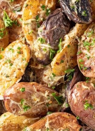 Roasted Fingerling Potatoes on a baking sheet.