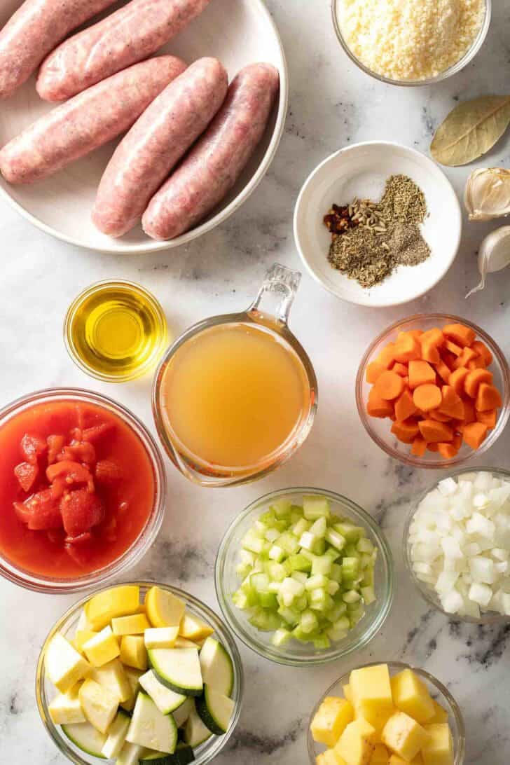 Sausage and Vegetable Soup Recipe Sausage and vegetable soup ingredients in glass bowls.