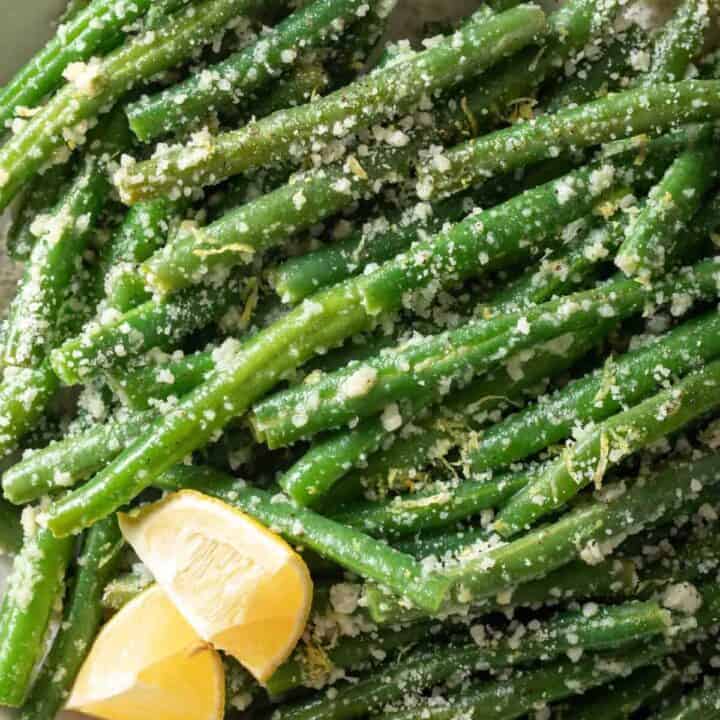 Garlic Green Beans on a white plate.