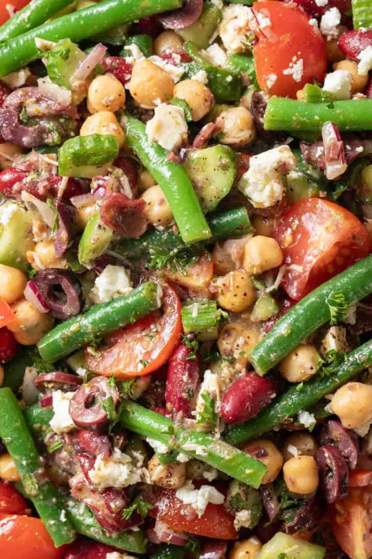 Recipe for Three Bean Salad Greek Style Three Bean Salad in a bowl.