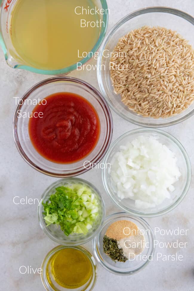Spanish brown rice ingredients for chicken and rice soup.