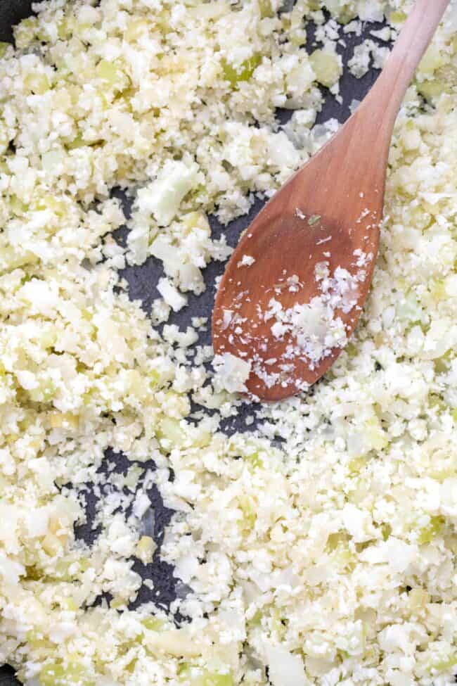 A skillet of riced cauliflower.