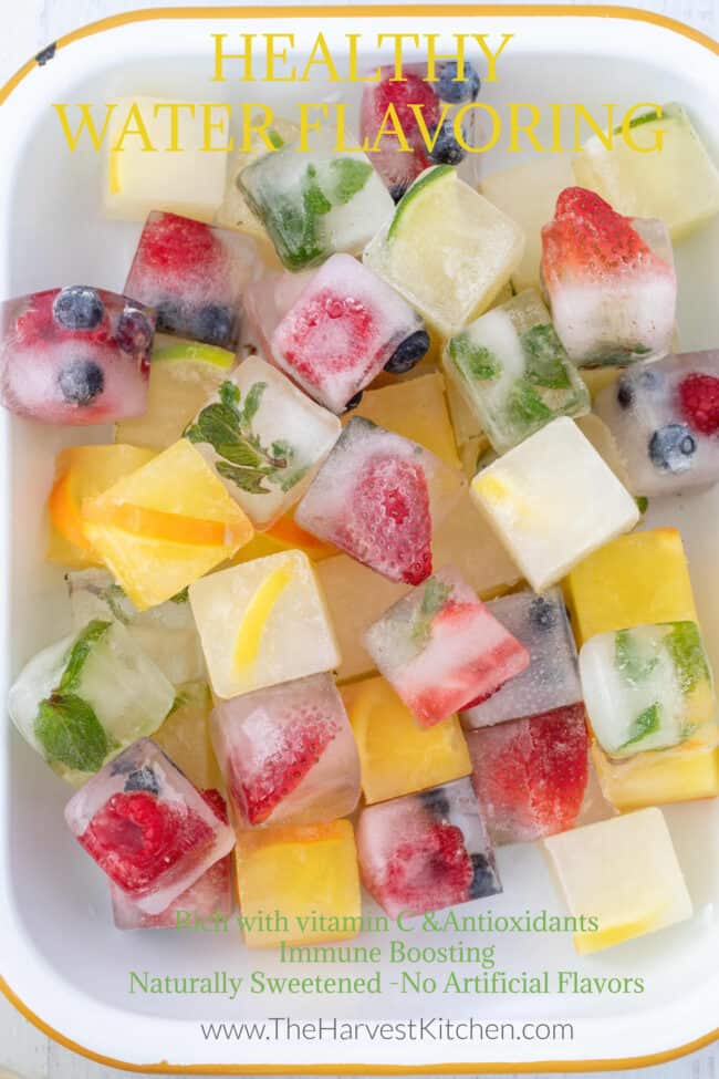 A tray filled with fruit ice cubes.